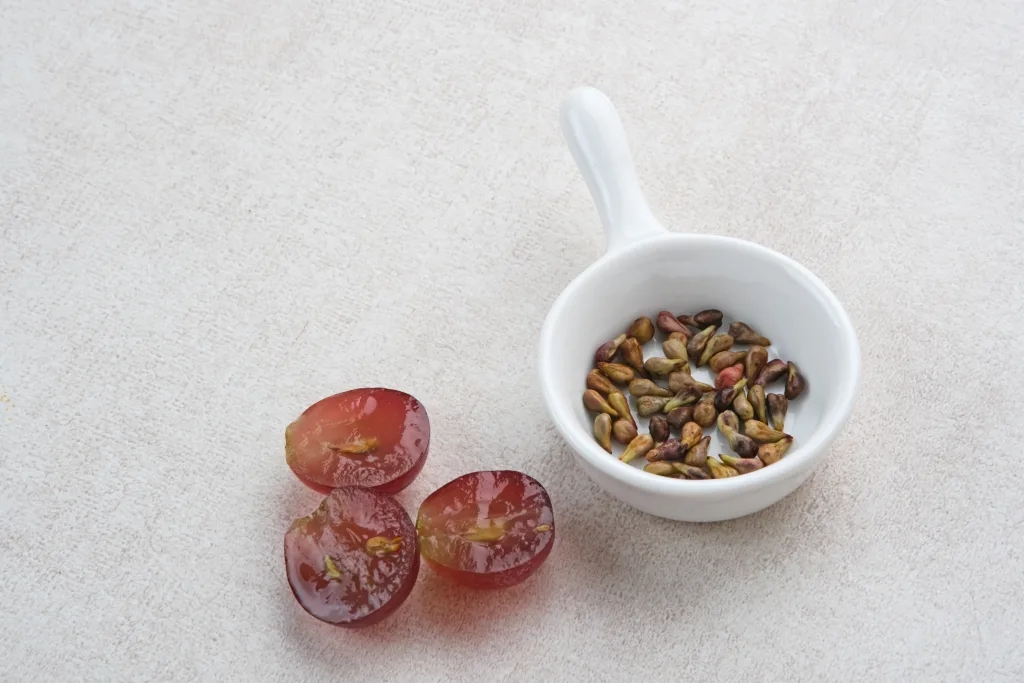 Grape seeds in a bowl with grapes cut from the middle