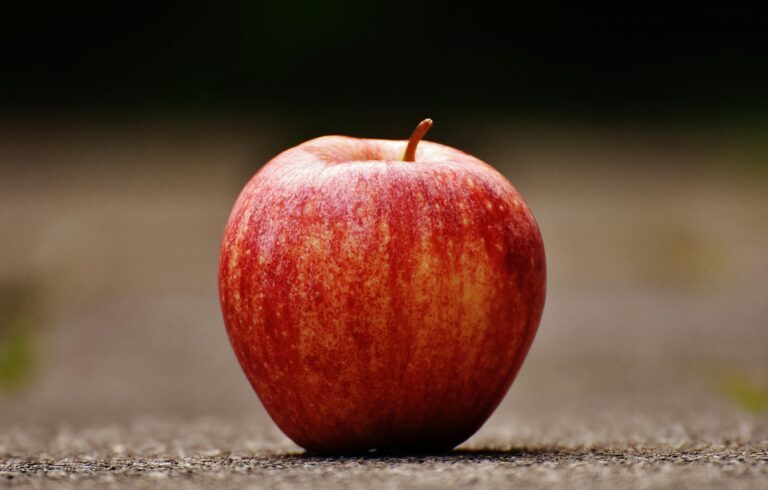 An apple in front of a blurred background