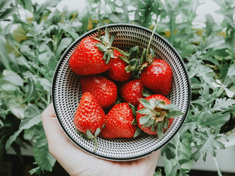 A man holding a bowl of strawberries